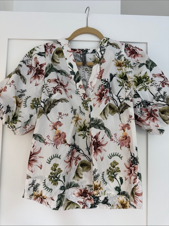 Anthropologie Tops - Anthropologie White Floral V-Neck Blouse with Pink, Green & Mustard Print